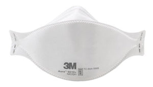 A white 3M 9205 N95 mask with a blue nose clip and ear loops, laying flat on a white background