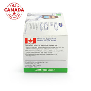 ASTM Level 1 Surgical Mask made in Canada, 50 per box, PPE use in medical settings, available for purchase at PPE Online.