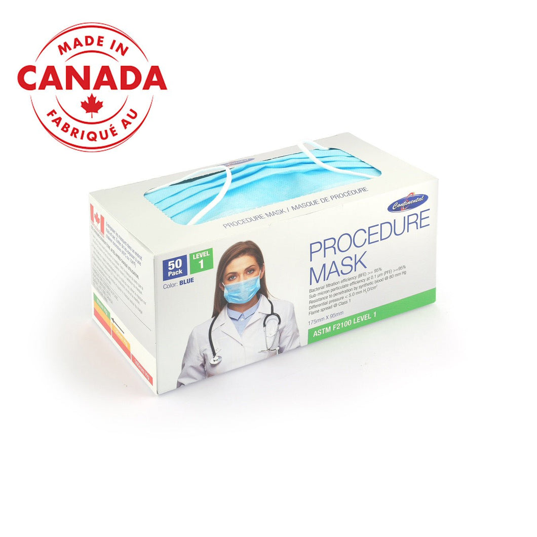 ASTM Level 1 Surgical Mask made in Canada ideal for PPE use in medical settings, available for purchase online at PPE Online.