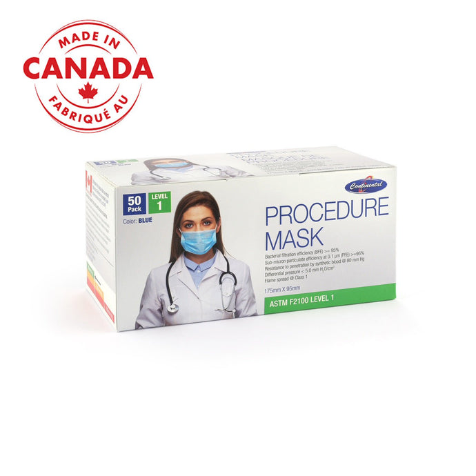 ASTM Level 1 Surgical Mask made in Canada, 50 per box, PPE use in medical settings, available for purchase at PPE Online.