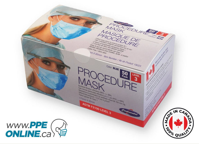 ASTM Level 3 Surgical Mask made in Canada, 50 per box, for maximum protection in medical settings.  Shop PPEONLINE.CA