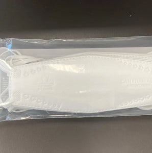 A package of white CA -  N95 mask with ear loops and a metal nose strip made in Canada