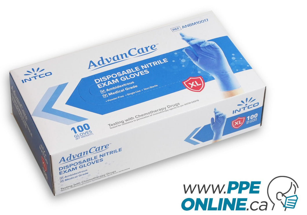 Intco Blue Nitrile Gloves boxes by AdvanCare, neatly arranged,showcasing their premium quality for medical and industrial use