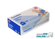 Load image into Gallery viewer, Box of 100 medium vinyl gloves with ppeonline.ca logo, highlighting durable and safe hand protection options available for purchase online.
