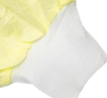 Load image into Gallery viewer, Close-up of the white elastic cuff on a yellow isolation gown, designed for a secure fit and added protection. Disposable and fluid-resistant.
