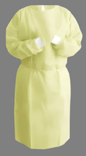 Load image into Gallery viewer, Yellow isolation gown with white elastic cuffs, fluid-resistant, disposable, and designed for healthcare and industrial use. Box of 100 gowns.
