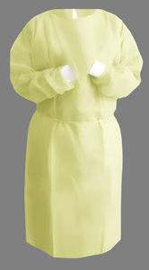 Yellow isolation gown with white elastic cuffs, fluid-resistant, disposable, and designed for healthcare and industrial use. Box of 100 gowns.