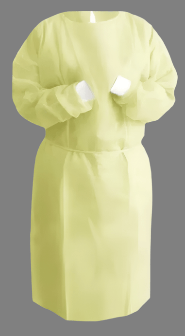 Yellow isolation gown with white elastic cuffs, fluid-resistant, disposable, and designed for healthcare and industrial use.